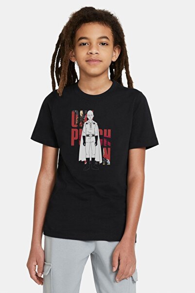 QIVI Unisex dečija crna anime majica sa printom One Punch Man