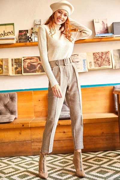 Olalook Dámské karotkové kalhoty se vzorem Houndstooth Mink s páskovým prošitím PNT-19000135