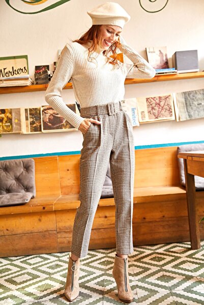 Olalook Dámské kostkované kalhoty s houndstooth norkovým vzorem prošívané mrk...