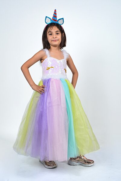 Parti Kırtasiye Kız Çocuk Beyaz Unicorn Kostüm+Flama