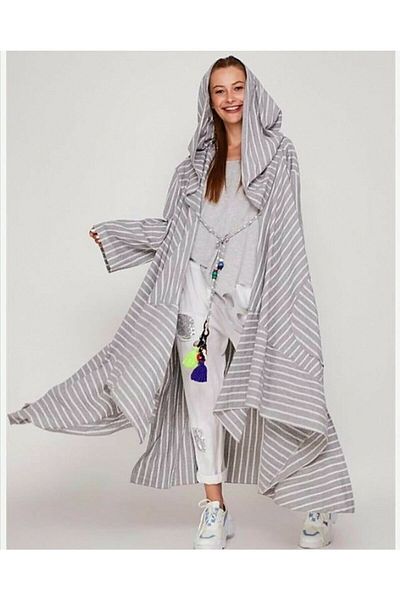 Hazinedan Striped Design Witch Hooded Pompom Detail Caftan