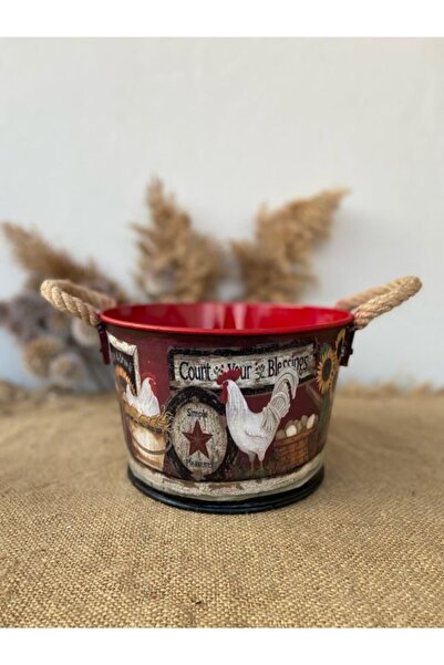 Handmadesign Country Temalı Tavuk Ayçiçeği Desenli Çok Amaçlı Saplı Sepet - K...