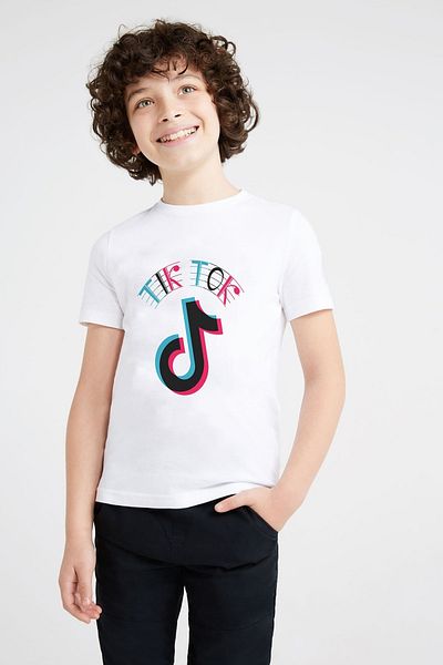 QIVI Tricou alb cu imprimeu cu logo Tik Tok pentru băiat
