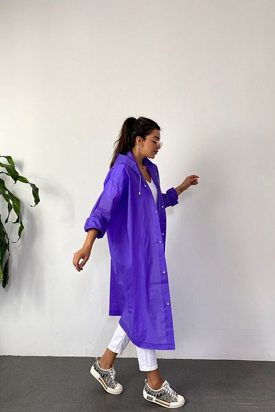 Butik Gardrop Women's Purple Snap Detail Transparent Raincoat