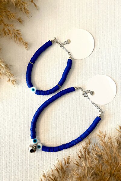 Karlay Cat Collar Cat Necklace with Bell Evil Eye Beaded Bracelet Set Blue