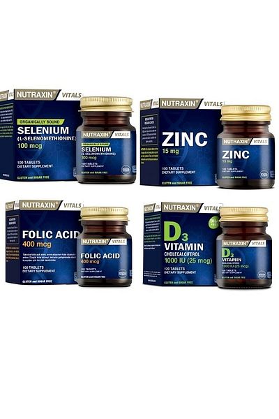 Nutraxin Folic Acid and Selenium 100 T.- Vitamin D3 120 T. Zinc Sulphate 100 T. Nutrients Supplement