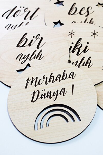 TREND META Ahşap Aylık Plak Seti 12 Cm Yenidoğan Hediye Kartları