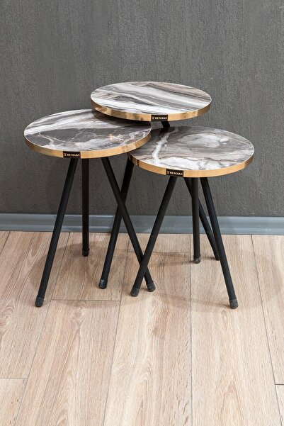 Remaks Yuvarlak Metal Ayaklı 3'lü Zigon Sehpa Çay Sehpası Servis Sehpası - Gri Mermer / Gold