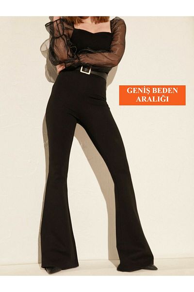 shopshop Women's Black High Waist Flared Leg Leggings Trousers 1007