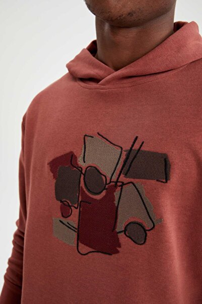 DeFacto Oversize Fit Kapüşonlu İşlemeli Fleto Cepli Uzun Kollu Sweatshirt
