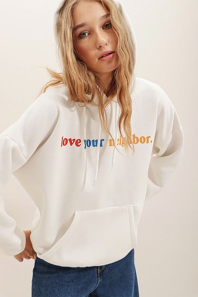 Trend Alaçatı Stili Woman's White Hooded Fleece Printed Sweatshirt ALC-531-001