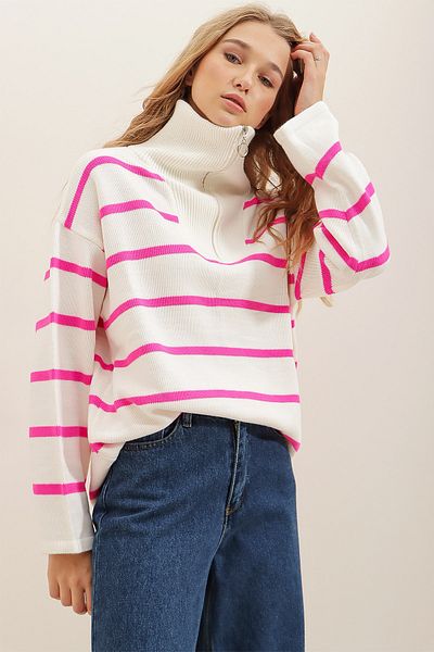 Trend Alaçatı Stili Pulover de damă, fucsia, cu gât țesut în față, cu fermoar în dungi, tricotaj supradimensionat ALC-X7197