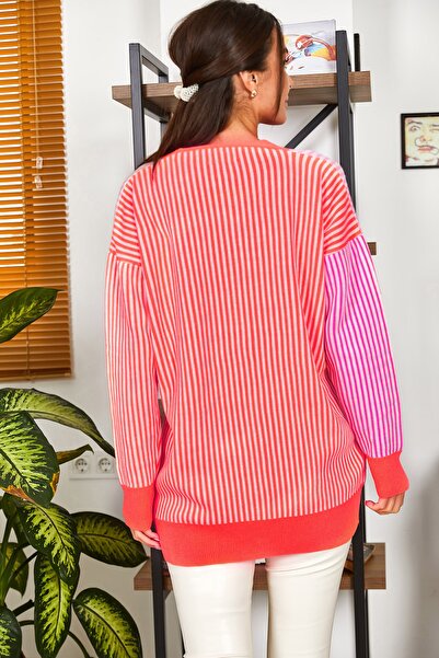 armonika Women's Orange Blocked Striped Oversize Buttoned Cardigan ARM-22K119012