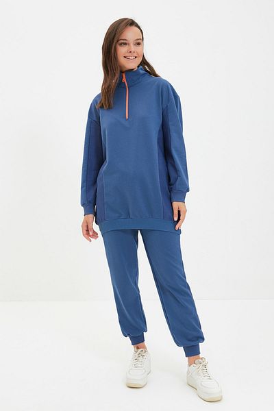 Trendyol Modest Navy Blue Color Blocked Zippered Soft Furry Thick Knitted Tracksuit Set - TCTAW22EN0041