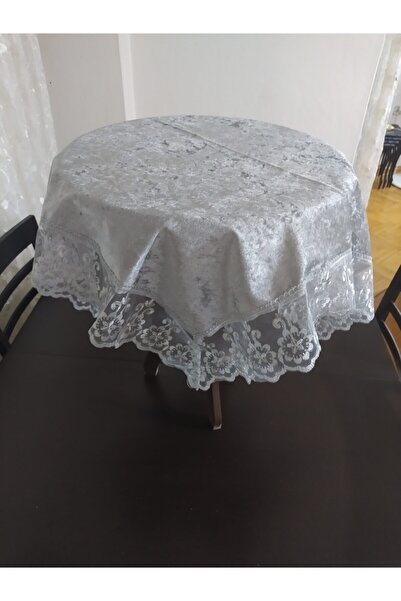 CEYDA غطاء فيسكوز قماش مخملي حافة دانتيل رمادي 85x85 سم