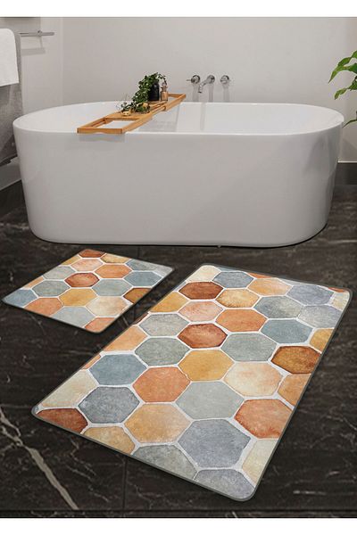 Pilloveland Covoraș de baie lavabil cu bază anti-alunecare din 2 piese - podea din piatră cu model 60*100 cm - 50*60 cm
