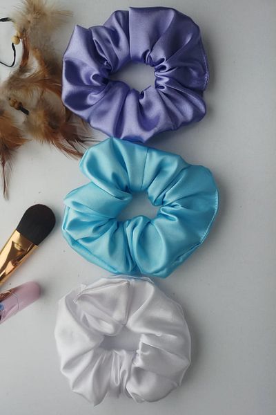 QNİAY Moonlight Satin Hair Elastic Scrunchy Σετ 3 Λευκό Λιλά Τυρκουάζ Χρώμα Βραδινό Φόρεμα Μπλούζα Αθλητικά Αξεσουάρ Σετ αγκράφες