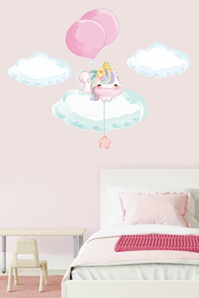 crevidi Bulutların Üstünce Ucak Sevimli Unicorn Çocuk Odası Stickeri