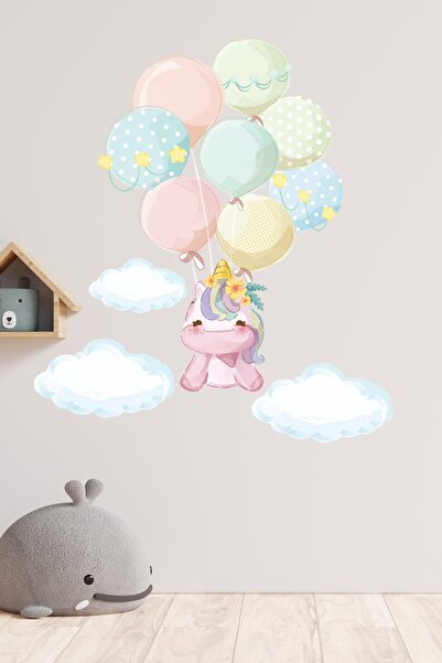 Balonlarla Uçan Sevimli Unicorn Çocuk Odası Stickeri