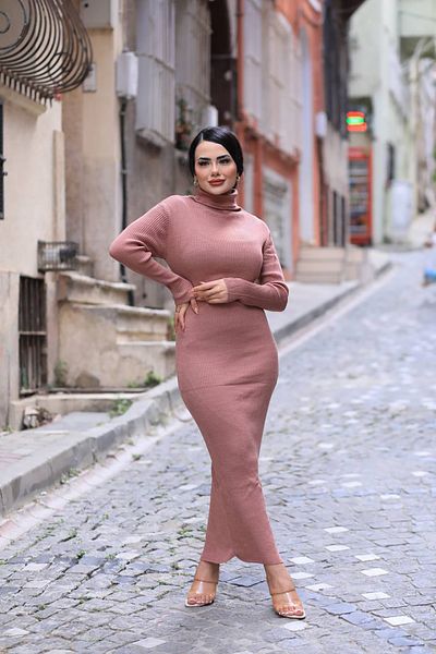 LİLA İSTANBUL Rochie de tricotaj cu mânecă lungă cu gât țesut (Mărimea standard S/m/l/xl asortată)