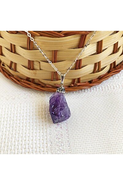 Kolyeucum Ham Işlenmemiş Doğal Ametist Taşı Kolye - Klckl0134