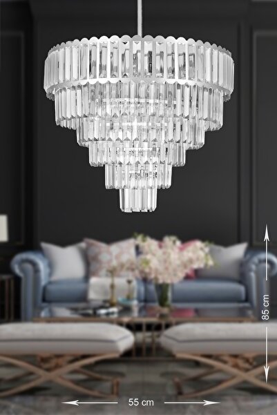 Avizemoda Lora 55 Cm'lik Kristal Cam Taşlı Lüks Avize - (gümüş Yaldız)