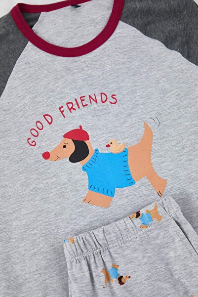 Trendyol Collection Πολύχρωμο βαμβακερό σετ πιτζάμες με μακρύ πλεκτό μανίκι με στάμπα σκύλου TMNAW26PT00047