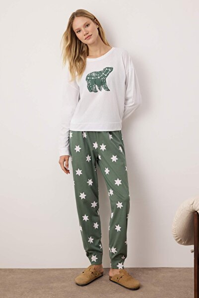 Trendyol Collection Set de pijamale tricotate cu model stea verde 100% bumbac...