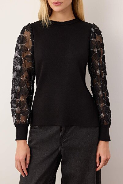 Trendyol Collection Tricotaj negru cu mâneci decorate cu tul TWOAW26KZ00164