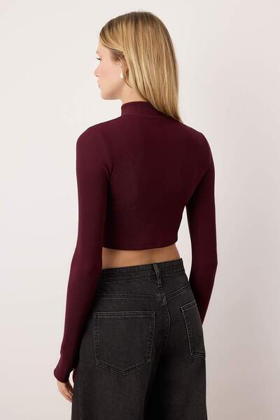 Trendyol Collection Burgundy Ottoman Zippered Stand Collar Flexible Bodycon Knitted Blouse Twoaw26Bz00307