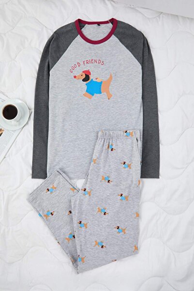 Trendyol Collection Πολύχρωμο βαμβακερό σετ πιτζάμες με μακρύ πλεκτό μανίκι με στάμπα σκύλου TMNAW26PT00047