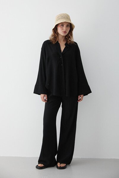 Laluvia Black Textured Shirt and Pants Set