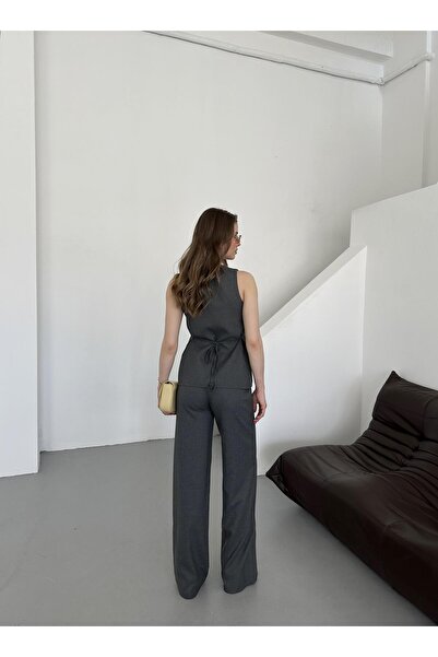 Laluvia Anthracite Square Neck Vest Pants Set