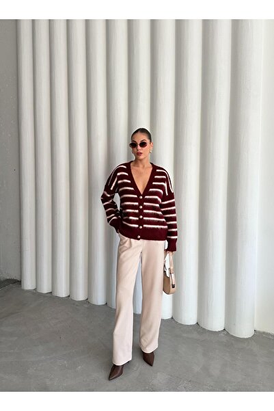 Laluvia Burgundy-Ecru Soft Horizontal Striped Cardigan