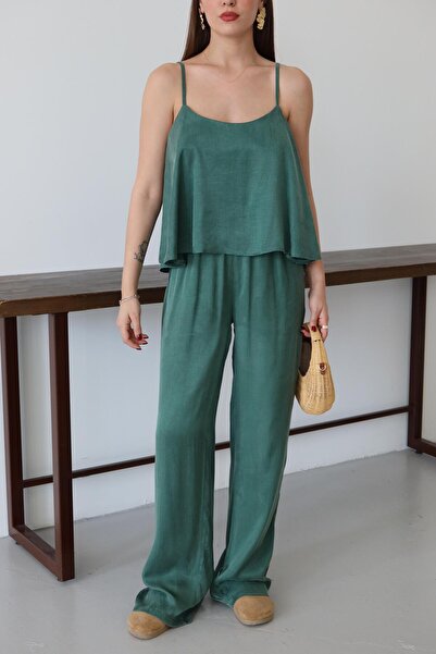 Laluvia Emerald Satin Look Strap Blouse Pants Set