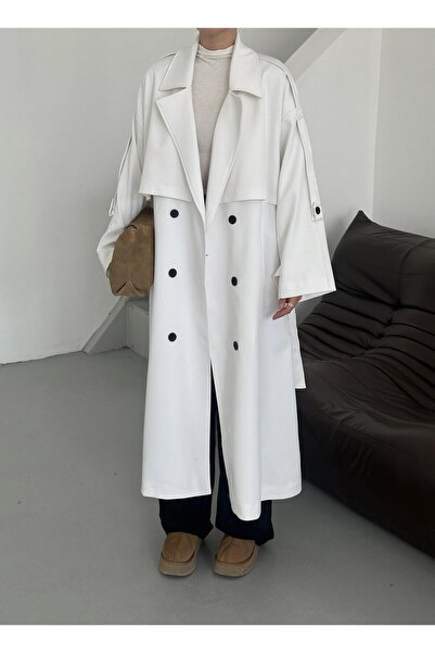 Laluvia White Lucky Oversize Trench Coat with Button Detail