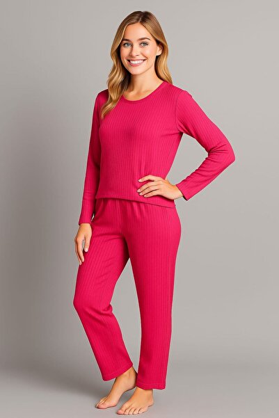 enmodaiçgiyim Fuchsia Striped Women's Pajama Set – Long Sleeves, Comfortable Fit, Soft Fabric, Stretchy