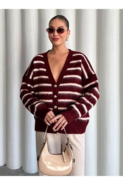 Laluvia Burgundy-Ecru Soft Horizontal Striped Cardigan