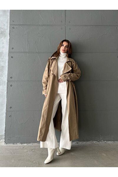 Laluvia Dark Beige Double Breasted Collar Snap Button Detailed Belted Lined Gabardine Trench Coat