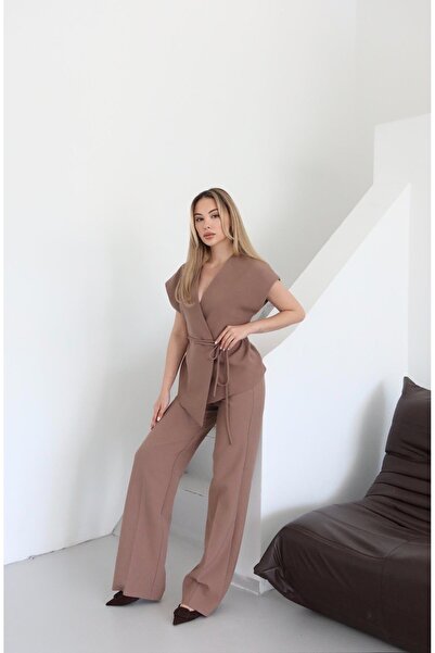 Laluvia Világosbarna Juana mellényes, csőszárú nadrág szett