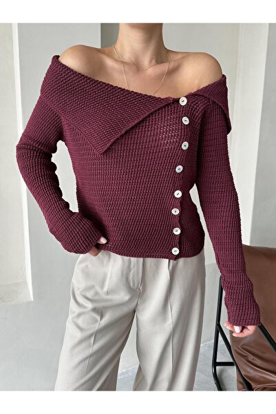 Laluvia Burgundy Collared Rustic Knitted Cardigan