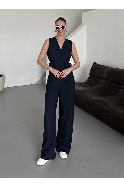 Laluvia Navy Blue Miranda Fabric Vest Trousers Set