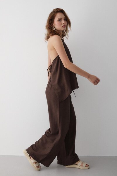 Laluvia Brown Back Tie Detail Blouse Pants Set