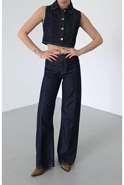 Laluvia Sötétkék galléros mellény, csíkos nadrág farmer szett