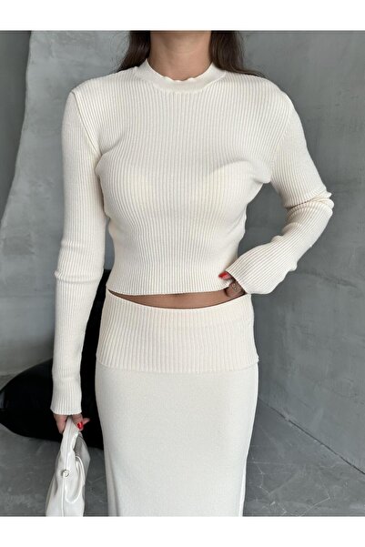 Laluvia Cream Slim Flexible Knitwear Skirt Suit