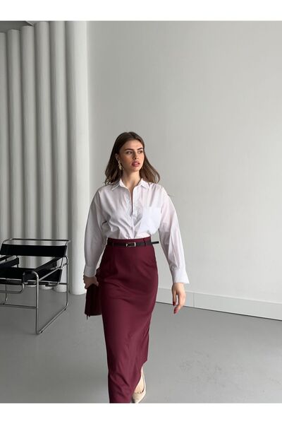 Laluvia Burgundy Belted Pencil Skirt - 1232