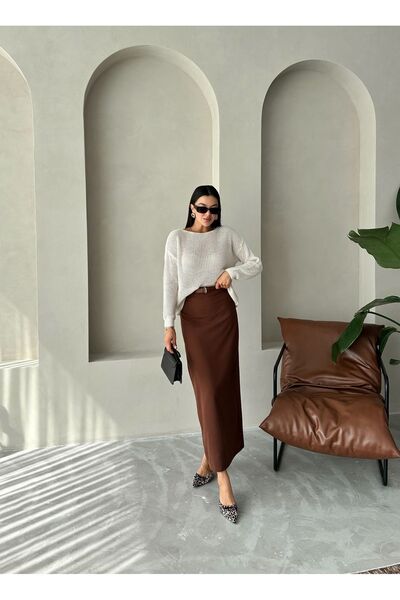 Laluvia Brown Mary Belted Crepe Knitted Skirt