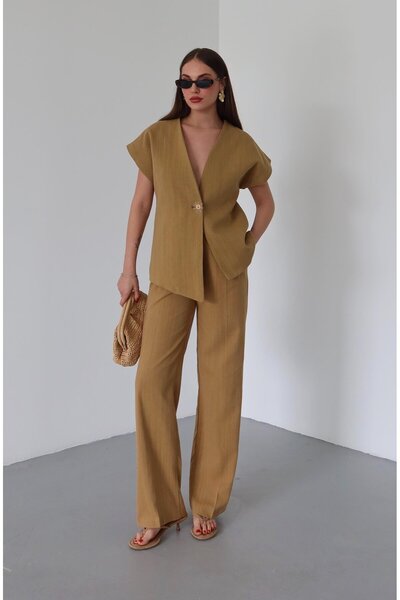 Laluvia Mustard 100% Cotton Sun Buttoned Vest Pants Set