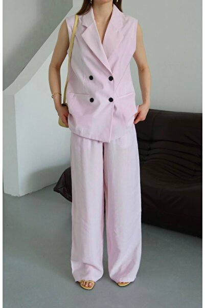 Laluvia Pink Black Buttoned Vest Pants Set