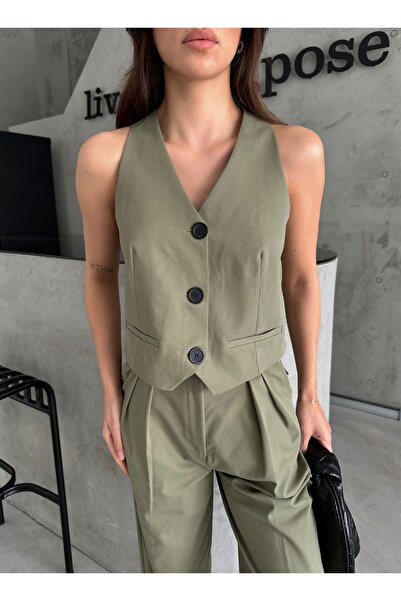 Laluvia Stone Color Back Detailed Vest Masculine Trousers Set